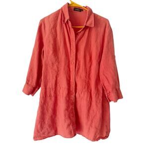 Lilibleu 100% Linen 3/4 Sleeve Orange Button Front Shirt Women's Size Large